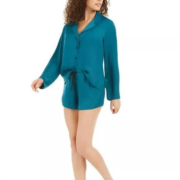 NWT Josie Natori Bardot Satin Short Pajama Set in Midnight Navy